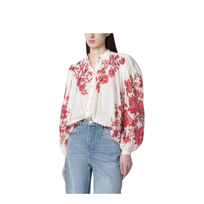 Flower-Print Pleated Cotton Blouse