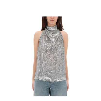 Silver Metallic Velvet Halterneck Top