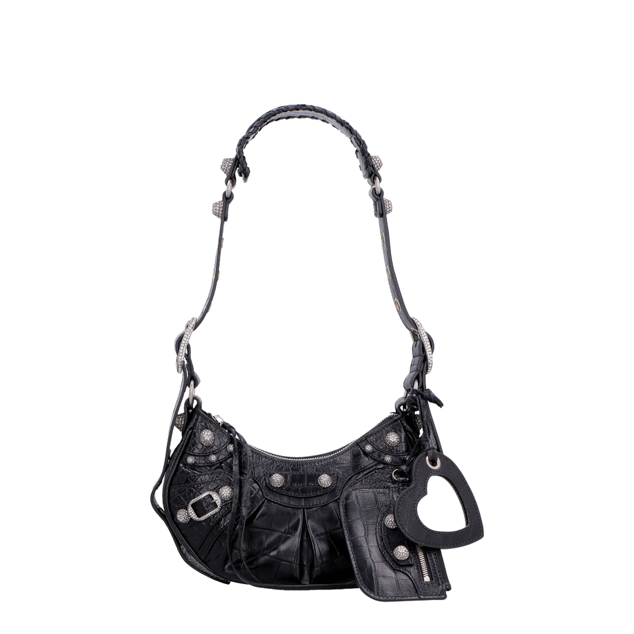 Le Cagole Xs Shoulder Bag in Black Crocodile Embossed With Rhinestones
