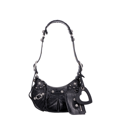 Le Cagole Xs Shoulder Bag in Black Crocodile Embossed With Rhinestones