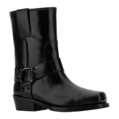 Black Leather Biker Rockstud Low Boot