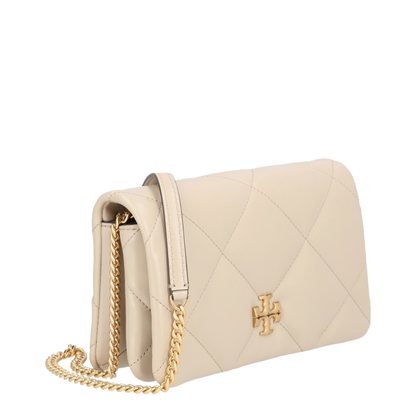 Kira Diamond Quilt Clover Medium Leather Chain Wallet - Light Stone