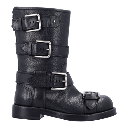 Black leather boots with straps