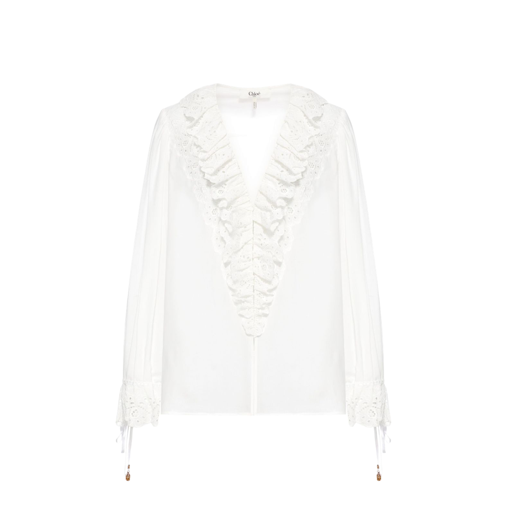 V-Neck Ruffle Trim Broderie Anglaise Balloon Sleeve Top
