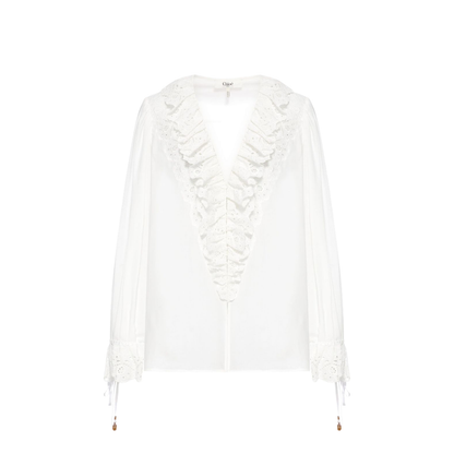 V-Neck Ruffle Trim Broderie Anglaise Balloon Sleeve Top