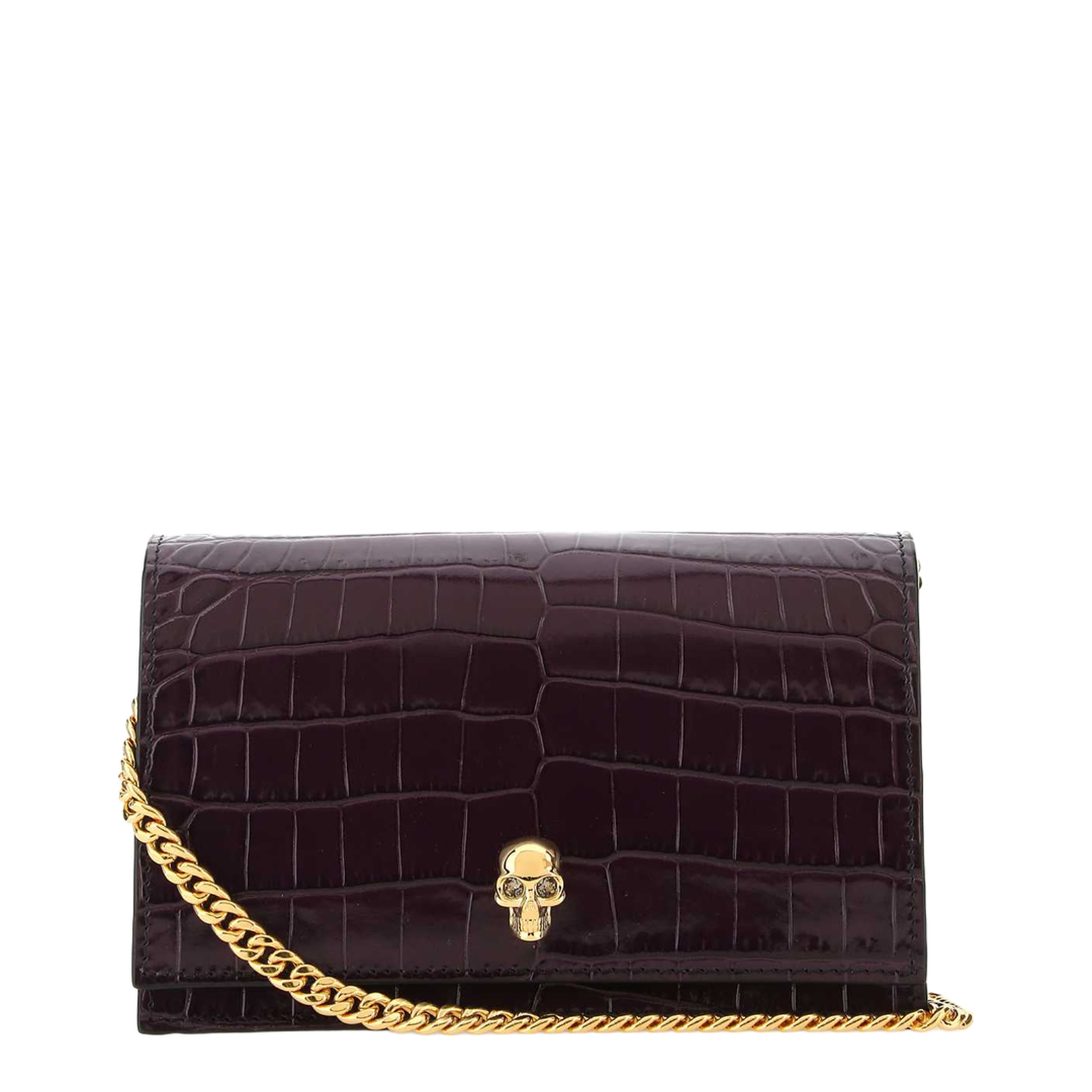 Deep Purple Crocodile Embossed Skull Studded Shoulder Bag