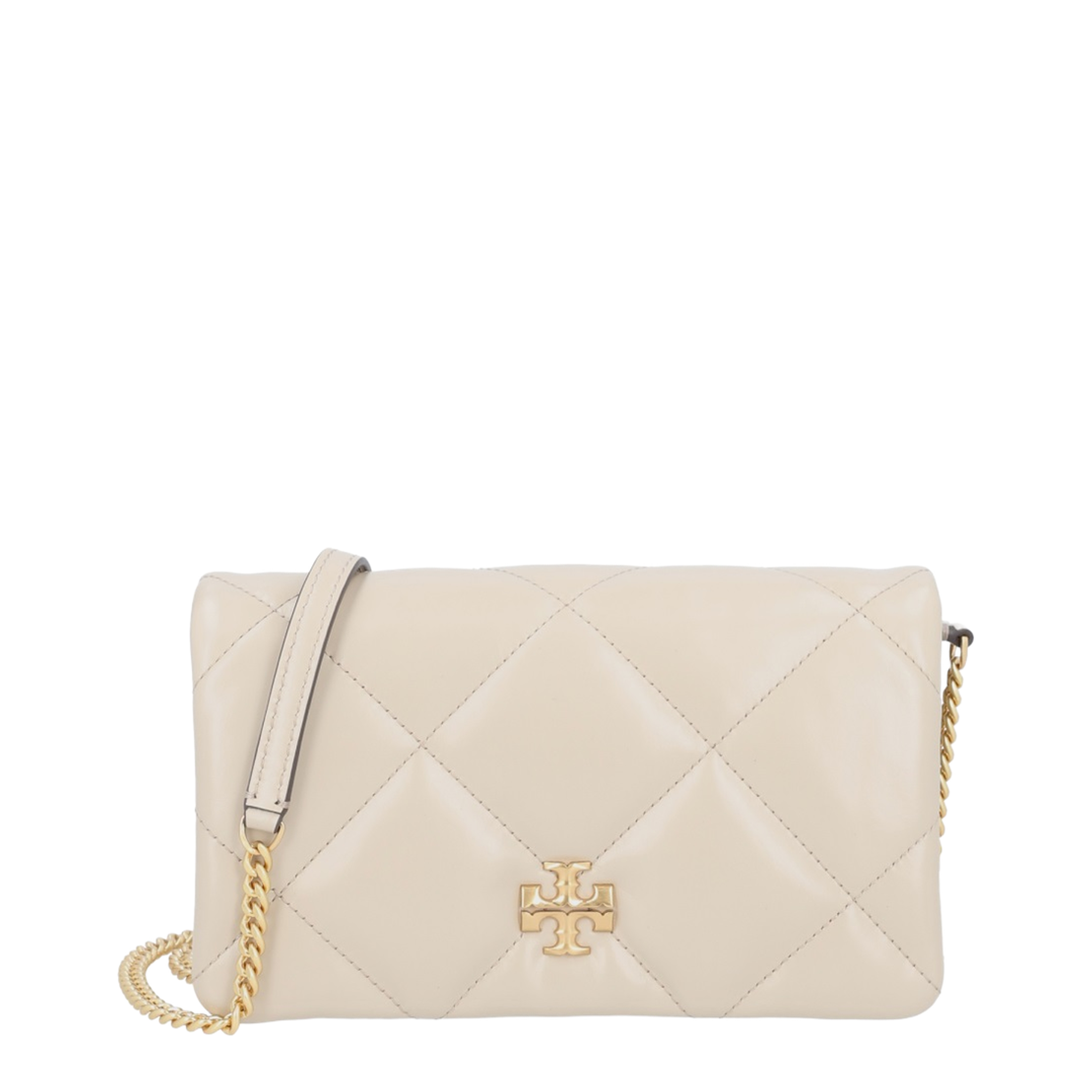 Kira Diamond Quilt Clover Medium Leather Chain Wallet - Light Stone