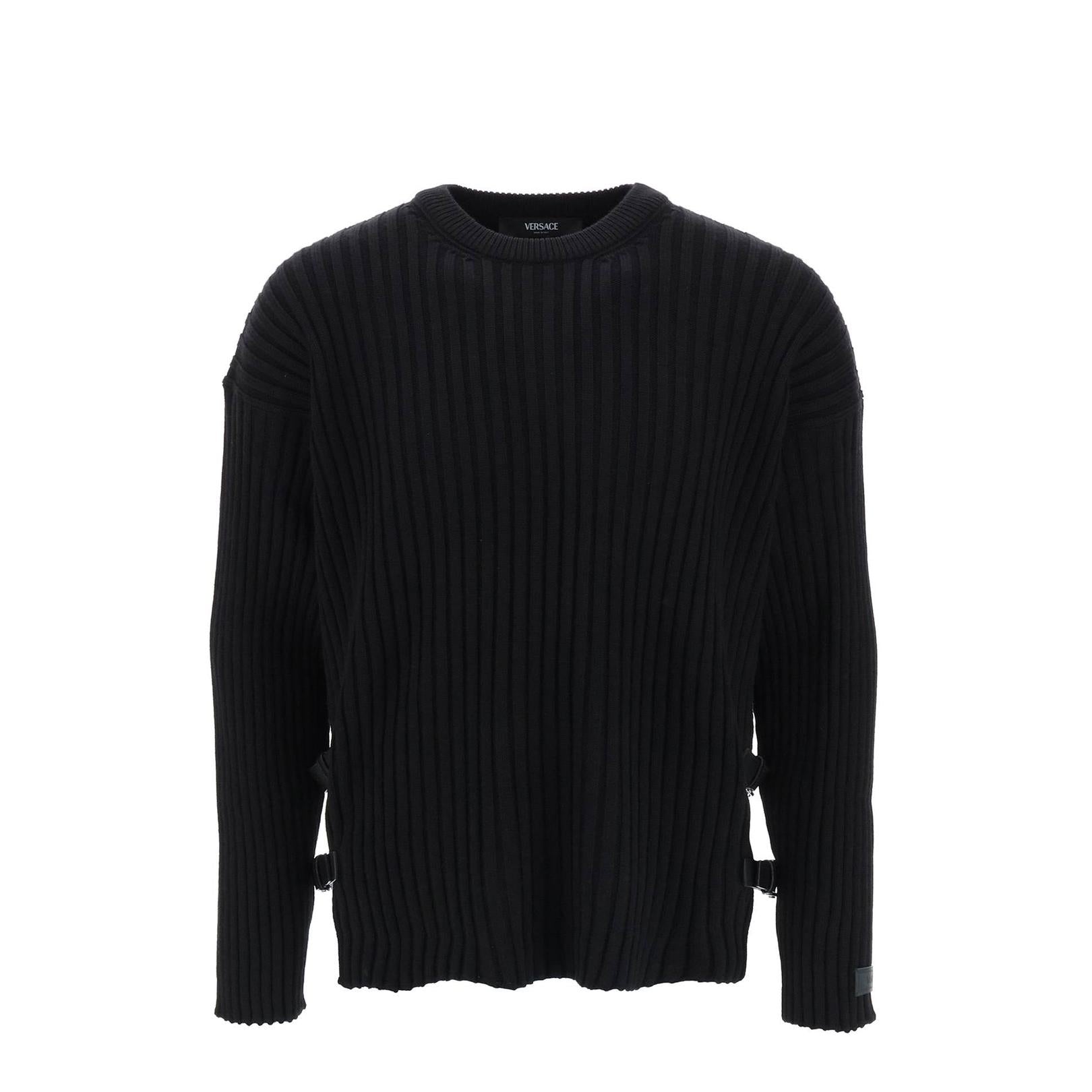 Versace ribbed-knit sweater with leather straps