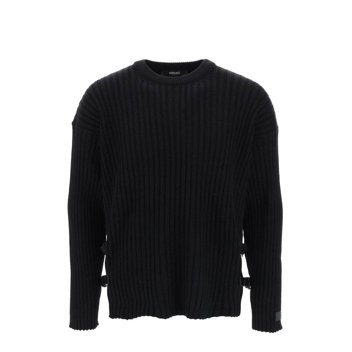 Versace ribbed-knit sweater with leather straps