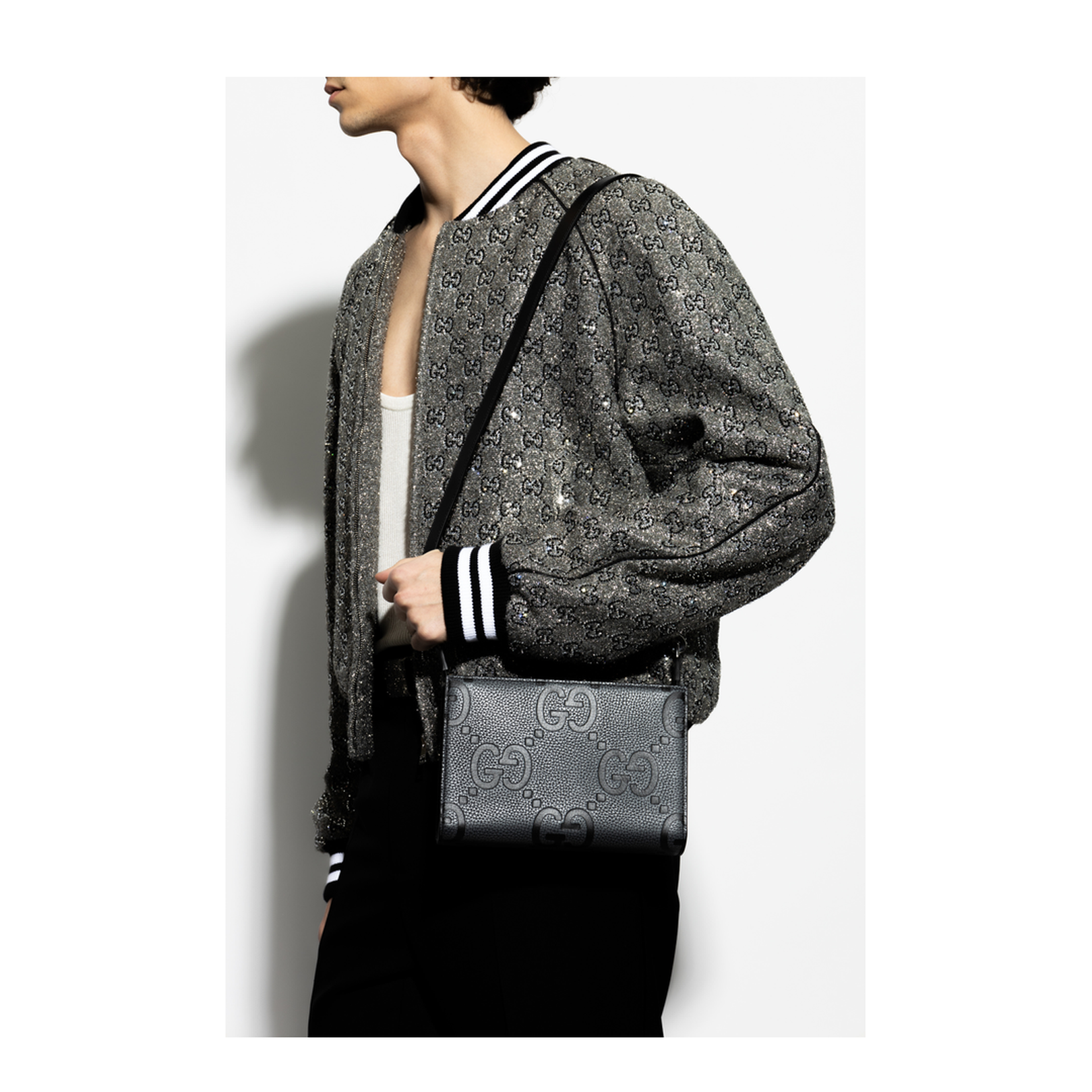 GG Jumbo Small Leather Crossbody Bag - Gray