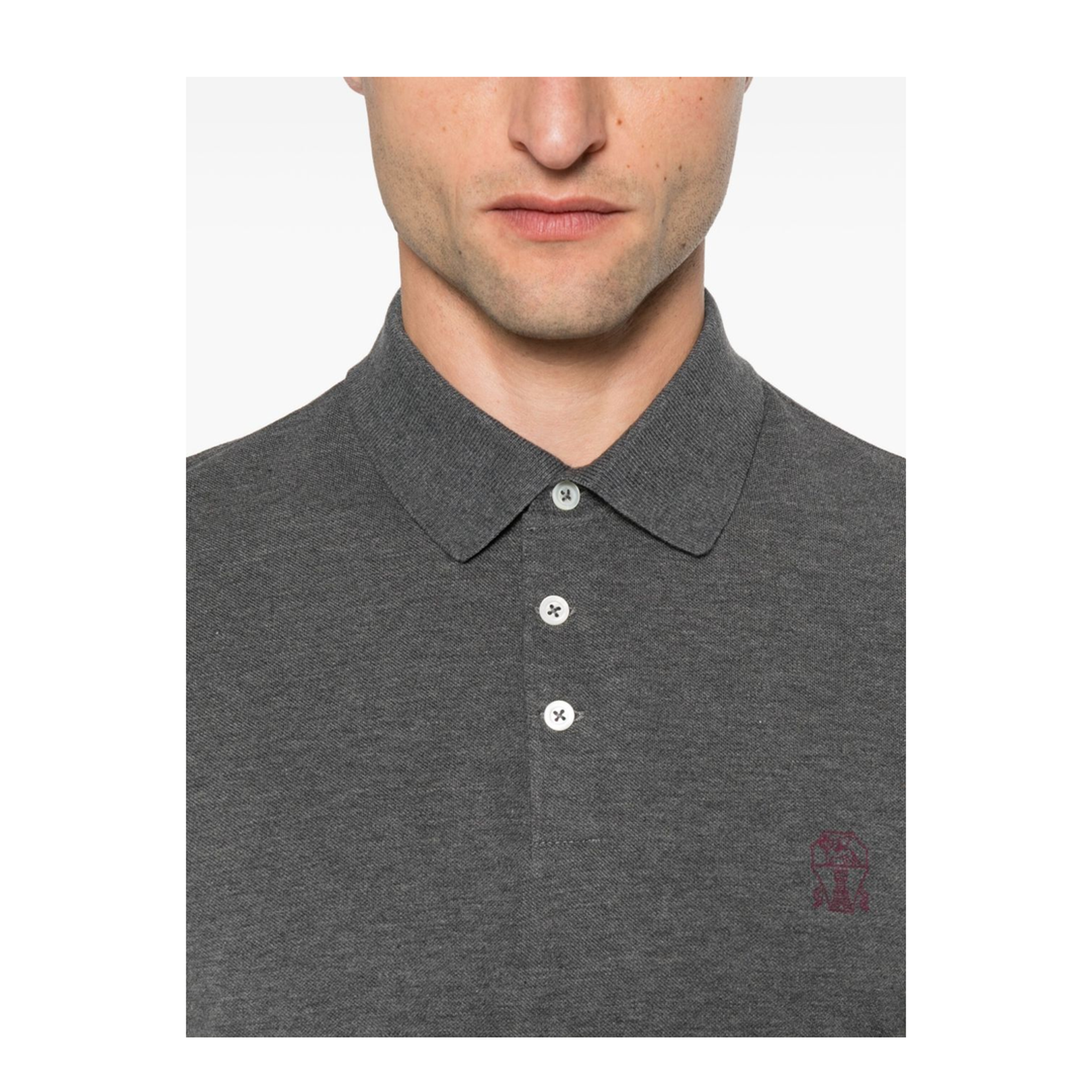 Grey Short Sleeves Polo Collar Button Fastening Embroidered Logo Cotton