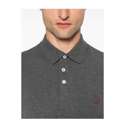 Grey Short Sleeves Polo Collar Button Fastening Embroidered Logo Cotton