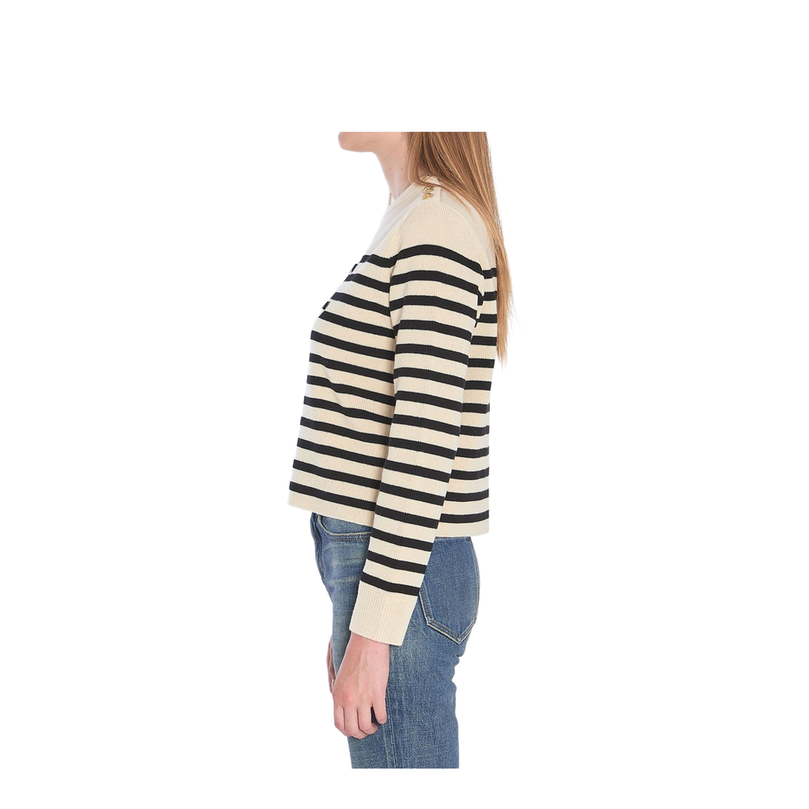 Crew Neck Sweater in Wool Cashmere - Ecru/Black