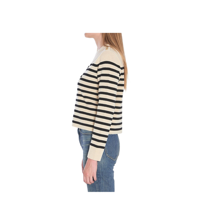 Crew Neck Sweater in Wool Cashmere - Ecru/Black