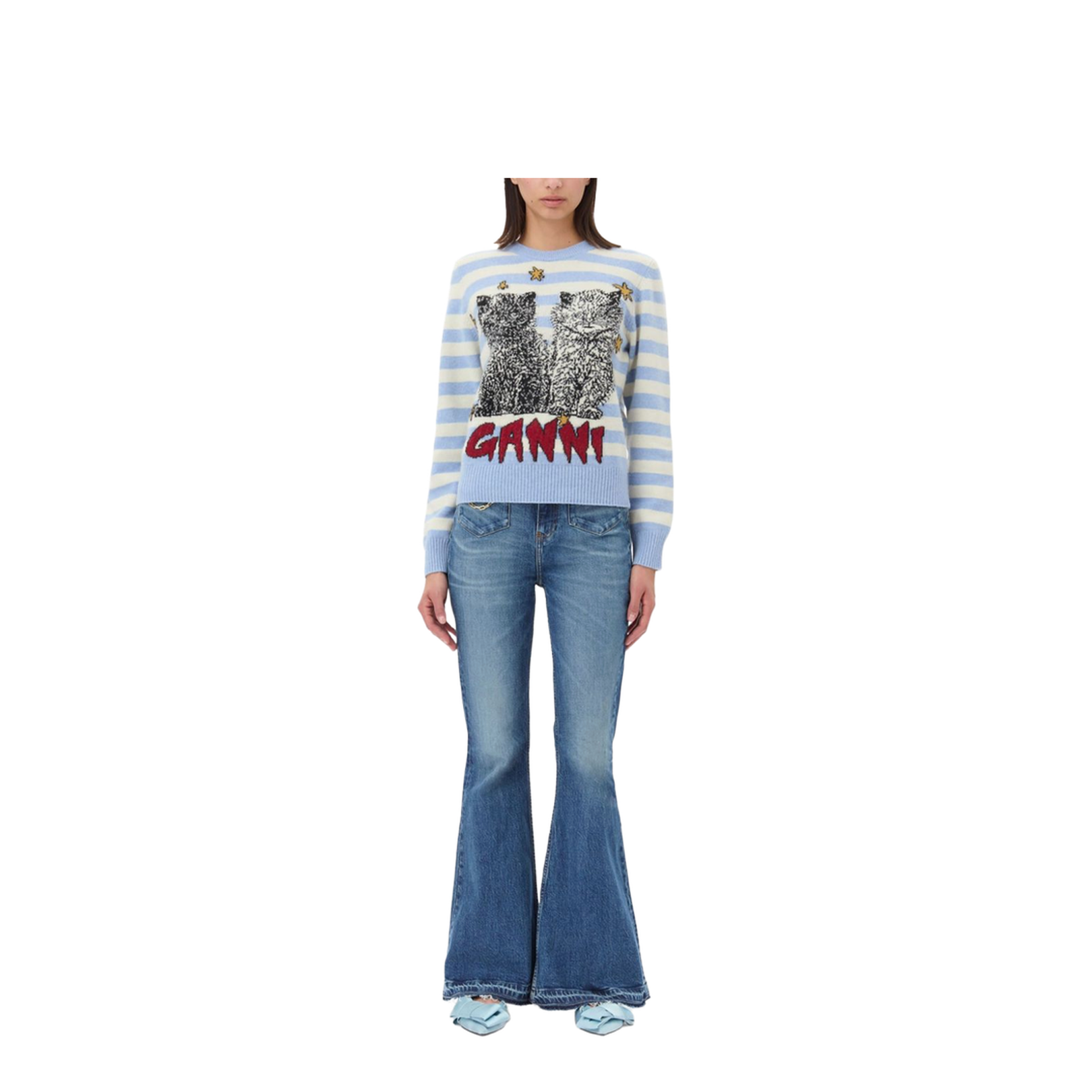 Striped Graphic Wool Mix Cats Knit - Illusion Blue