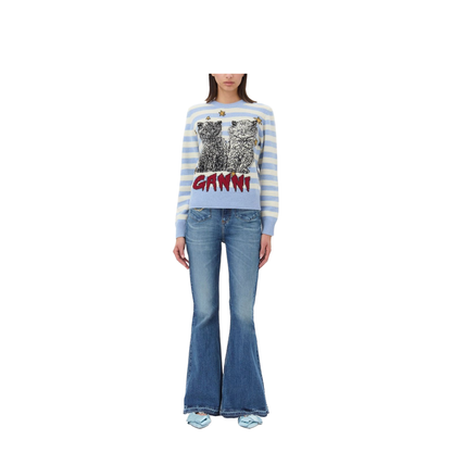 Striped Graphic Wool Mix Cats Knit - Illusion Blue