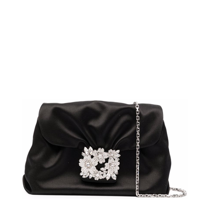 Roger Vivier RV Bouquet Strass Buckle Drapé Mini Satin Clutch Bag - Black