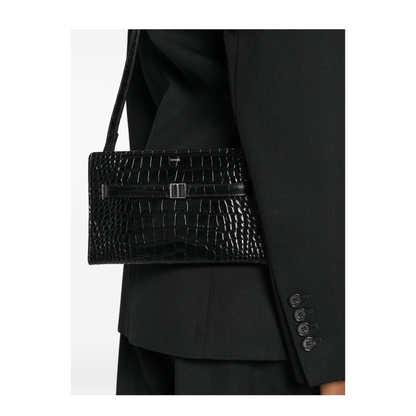 Croco-Embossed Leather Mini Crossbody Bag - Black