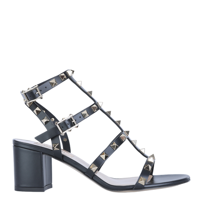 Rockstud Calfskin Leather Sandals with Studs in Black