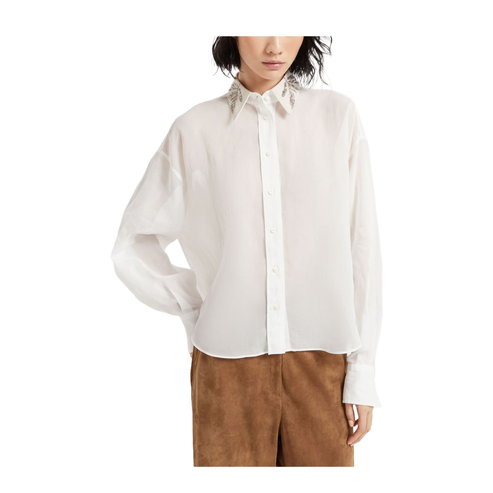 Embroidered Collar Organza Cotton Shirt
