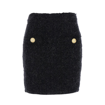 Black Pencil Mini Skirt With Jewel Buttons In Tweed