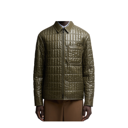 Olive Green Madiere Vertical-Quilted Padded Shirt Jacket
