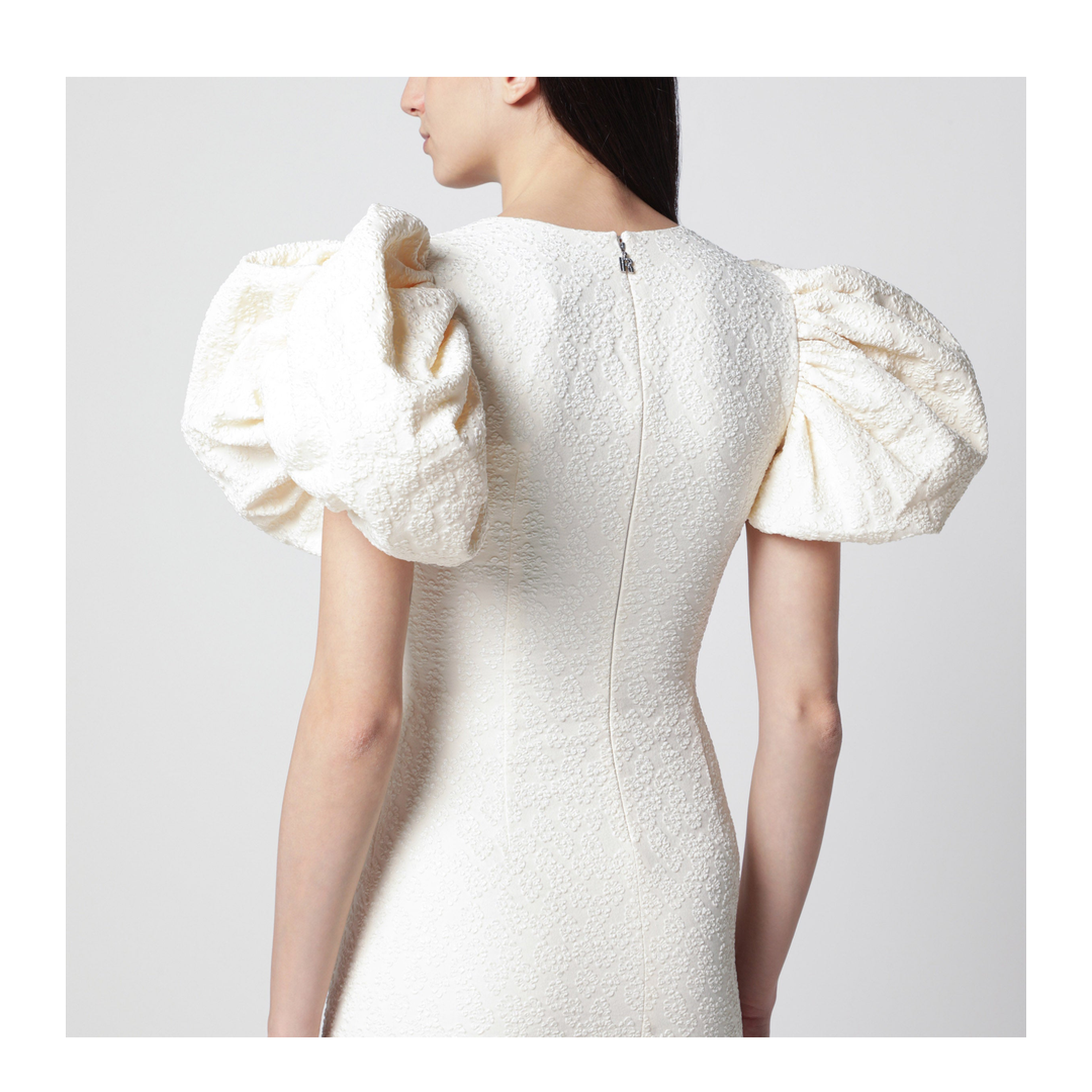 Midi Balloon Jacquard Dress in White