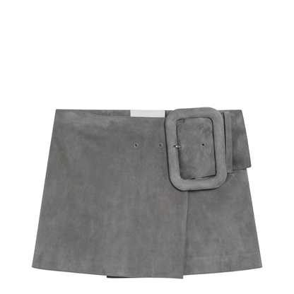 Grey Suede Mini Skirt with Large Buckle Belt