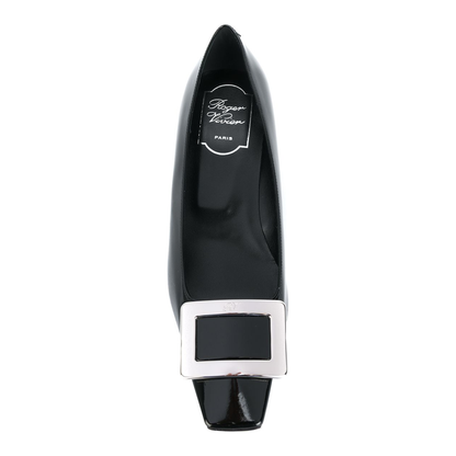 black calfskin pumps with buckle and wide heel
