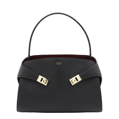Hug Soft Medium Calf Leather Shoulder Bag - Nero / Burgundy