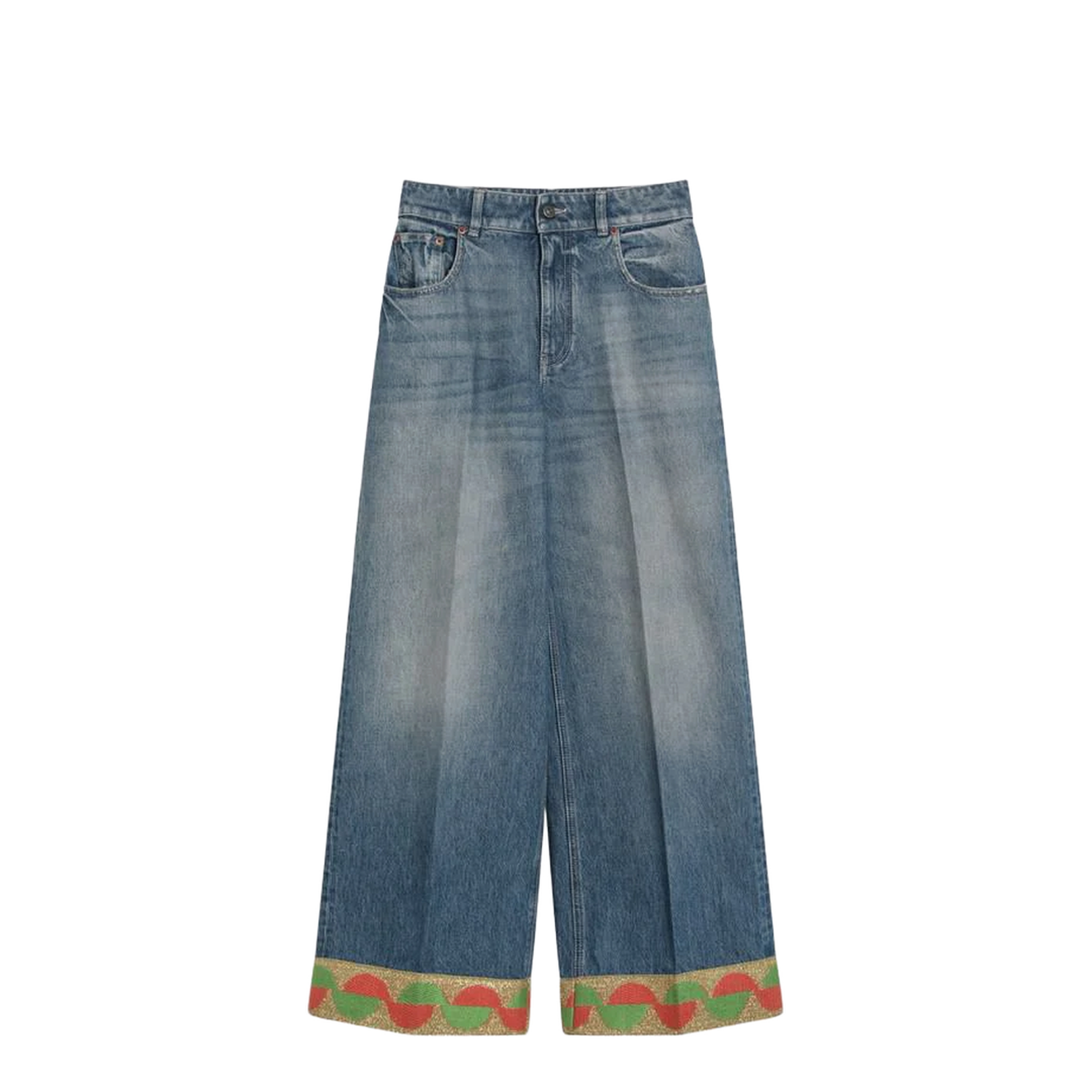 Washed Jeans With Jacquard Bottoms