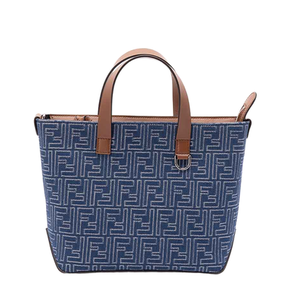 FF Leather Denim Effect FF Jacquard Blue And Brown Small Shopping Bag