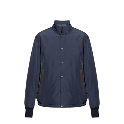 Navy Blue Lanques Leather-Trimmed Short Down Jacket