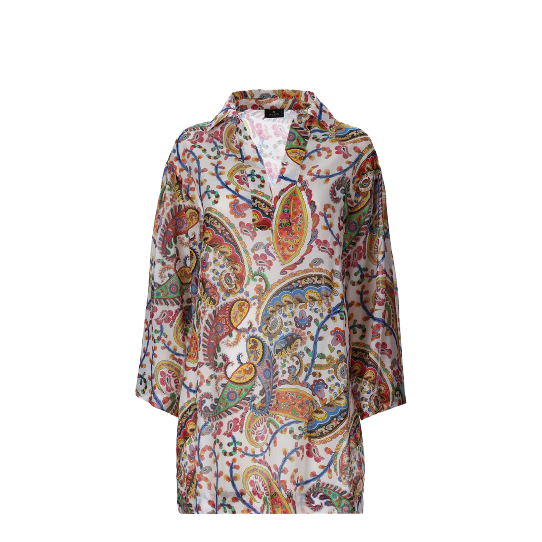 Paisley-Print V-Neck Beach Kimono Shirt