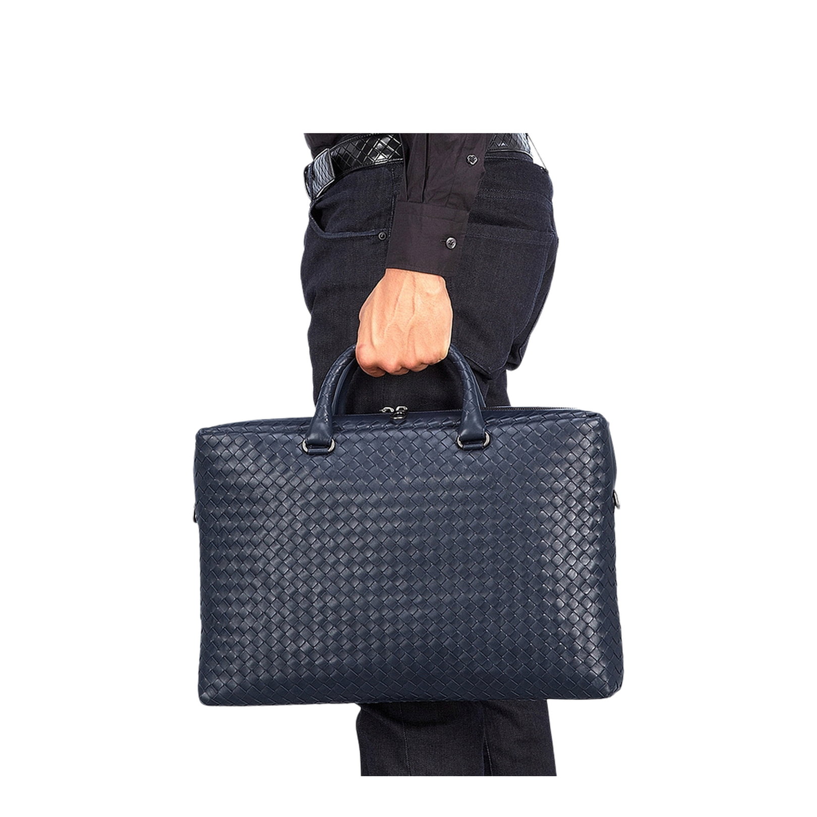 Intrecciato Large Leather Briefcase - Blue