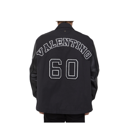 Black Leather Sleeves Nylon Bomber