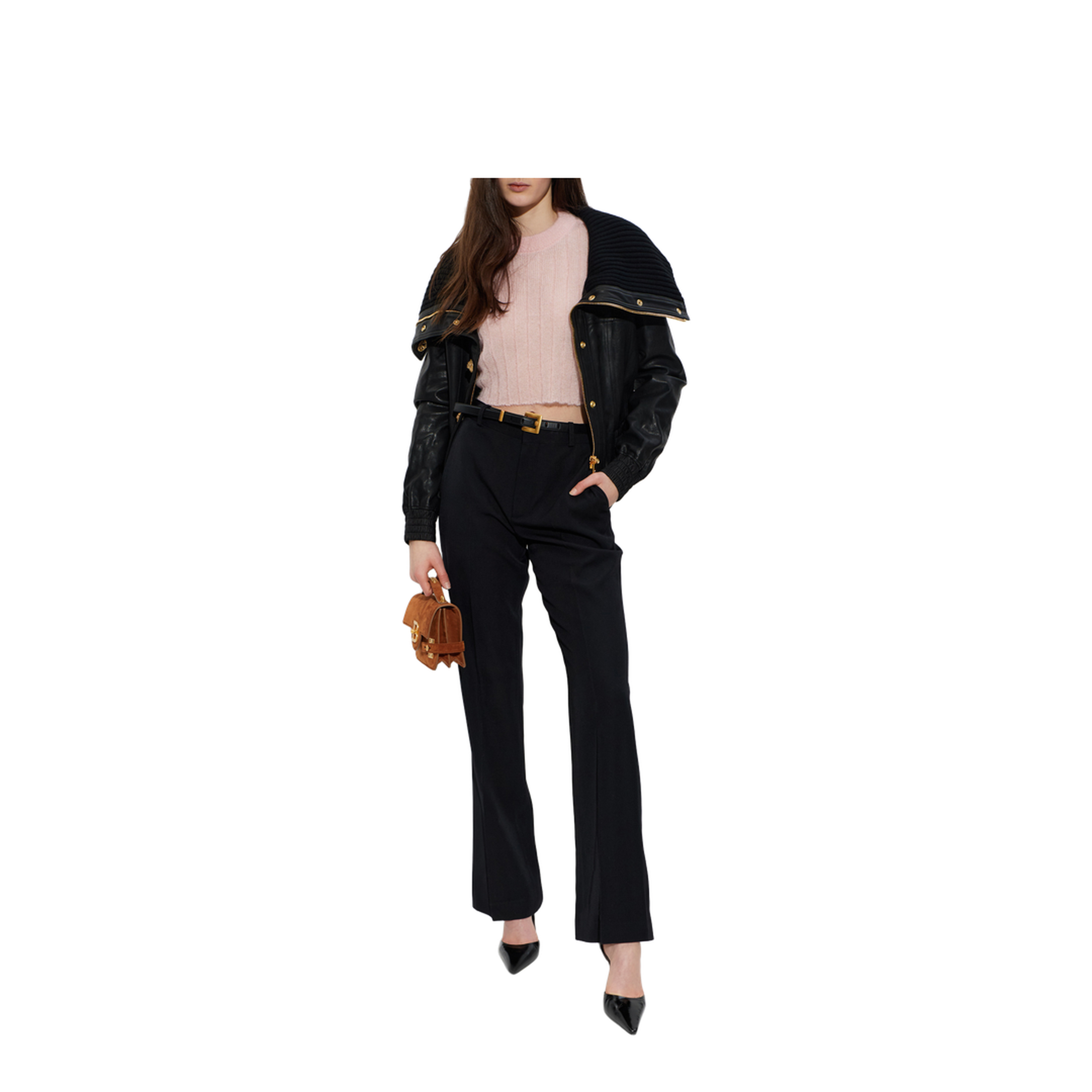 Lambskin and Knit Bomber Jacket Black