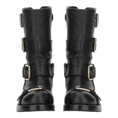 Black leather boots with straps