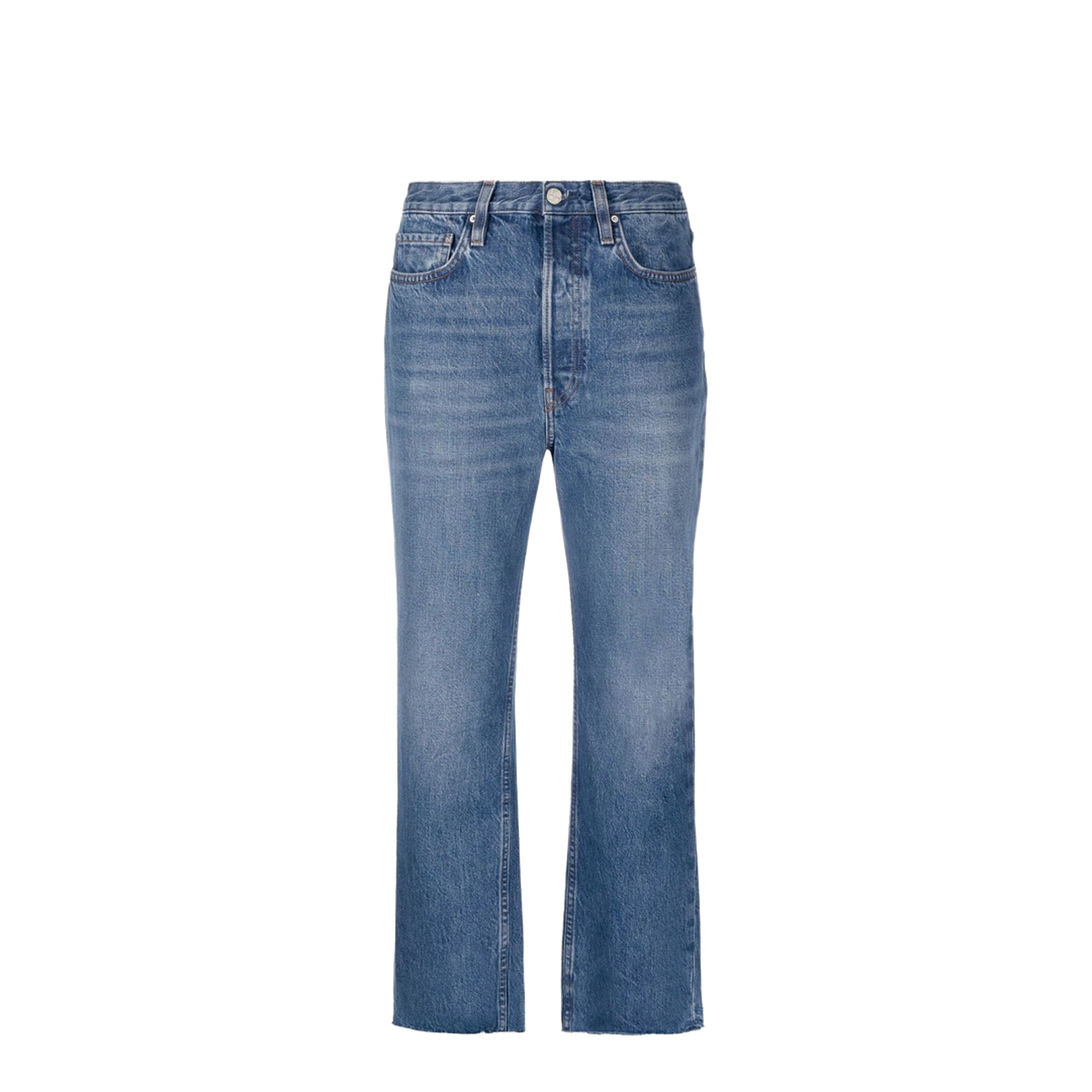 Blue Cotton Cropped Straight-Leg Jeans