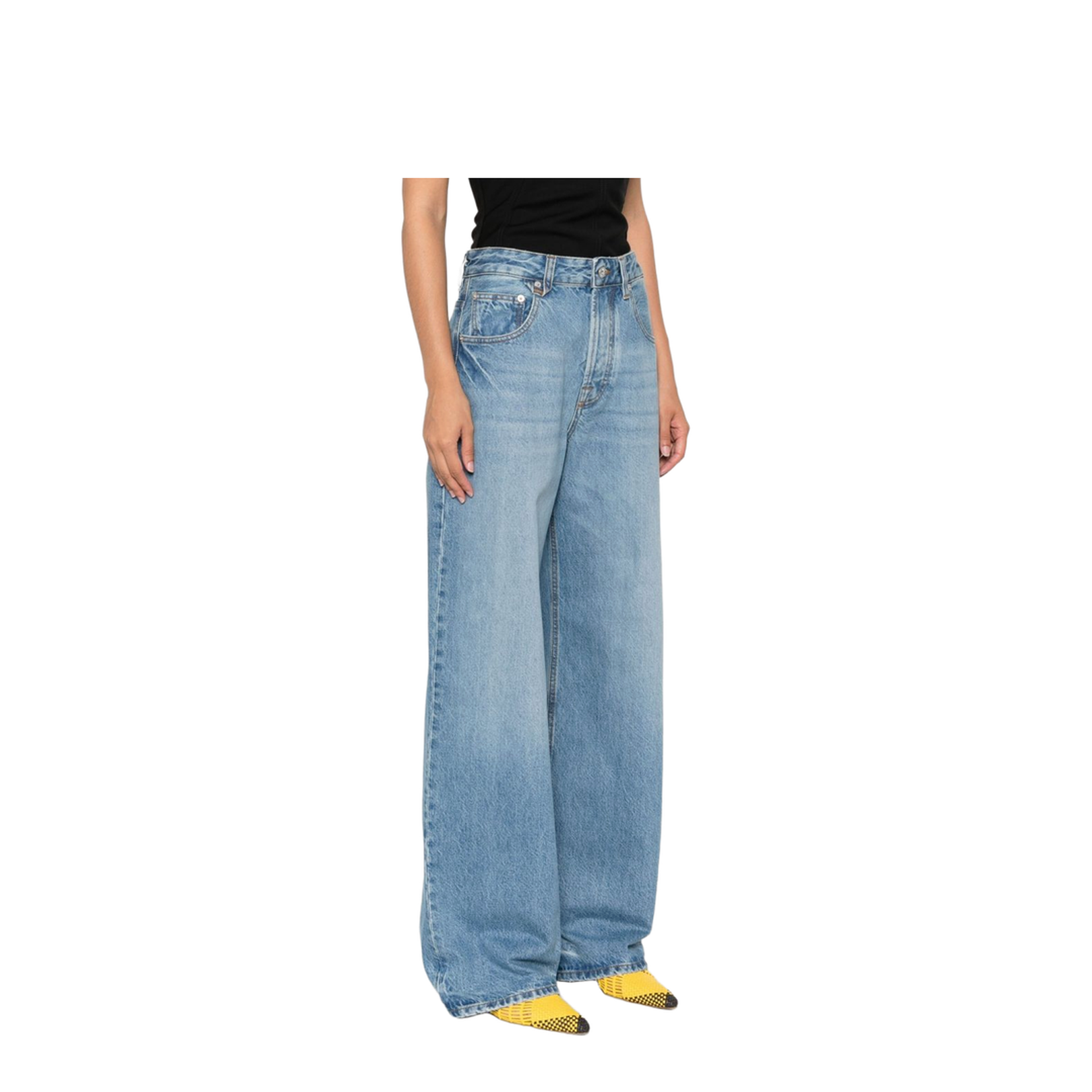 Indigo Blue Concealed Fly and Button Fastening Classic Five Pockets Belt Loops Whiskering Effect