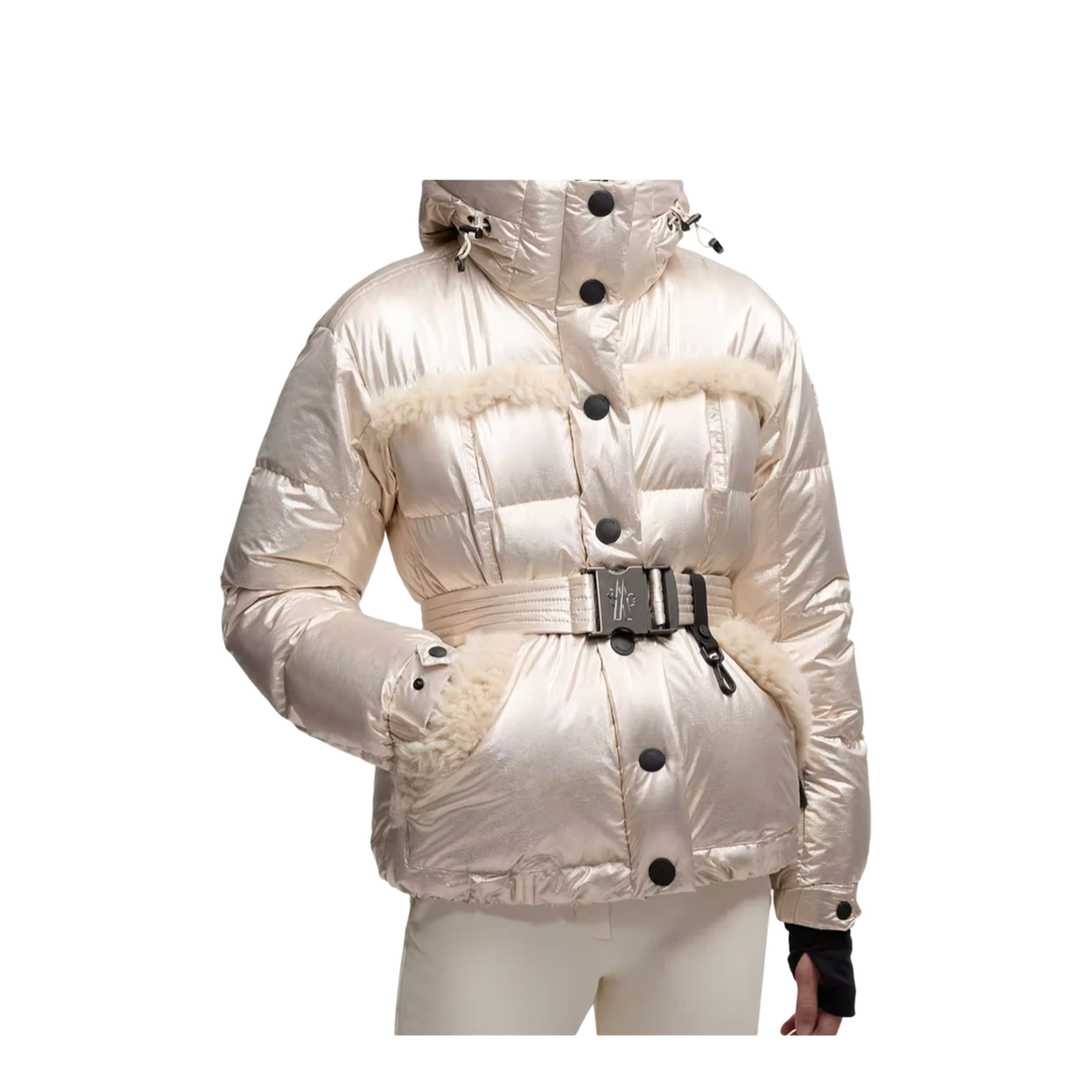 Metallic Ski Jacket With Shearling Hood