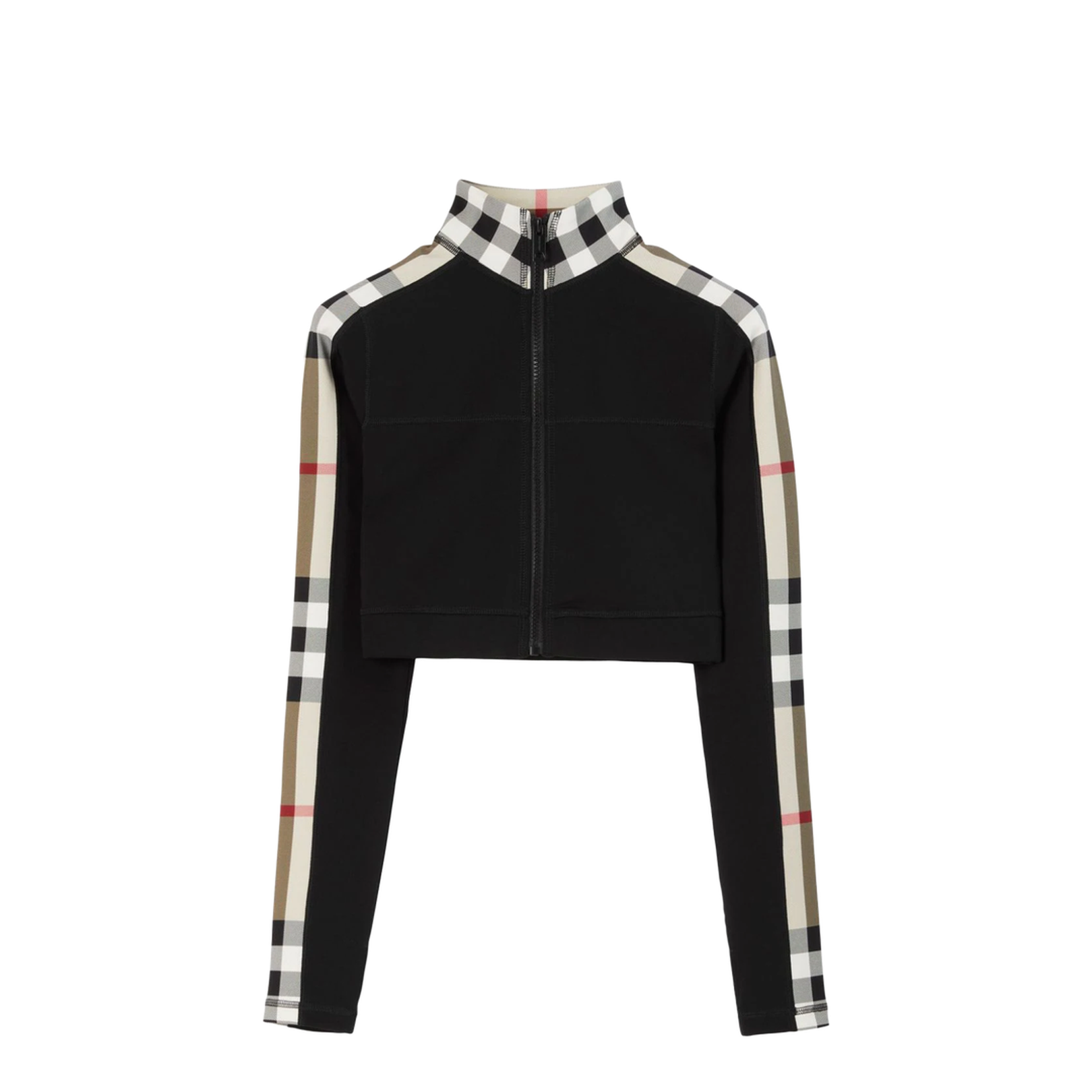 Cropped Check Trim Stretch Jersey Zip Top in Black