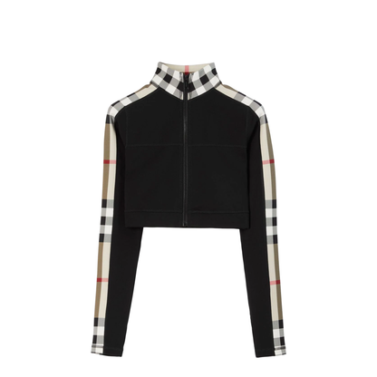 Cropped Check Trim Stretch Jersey Zip Top in Black