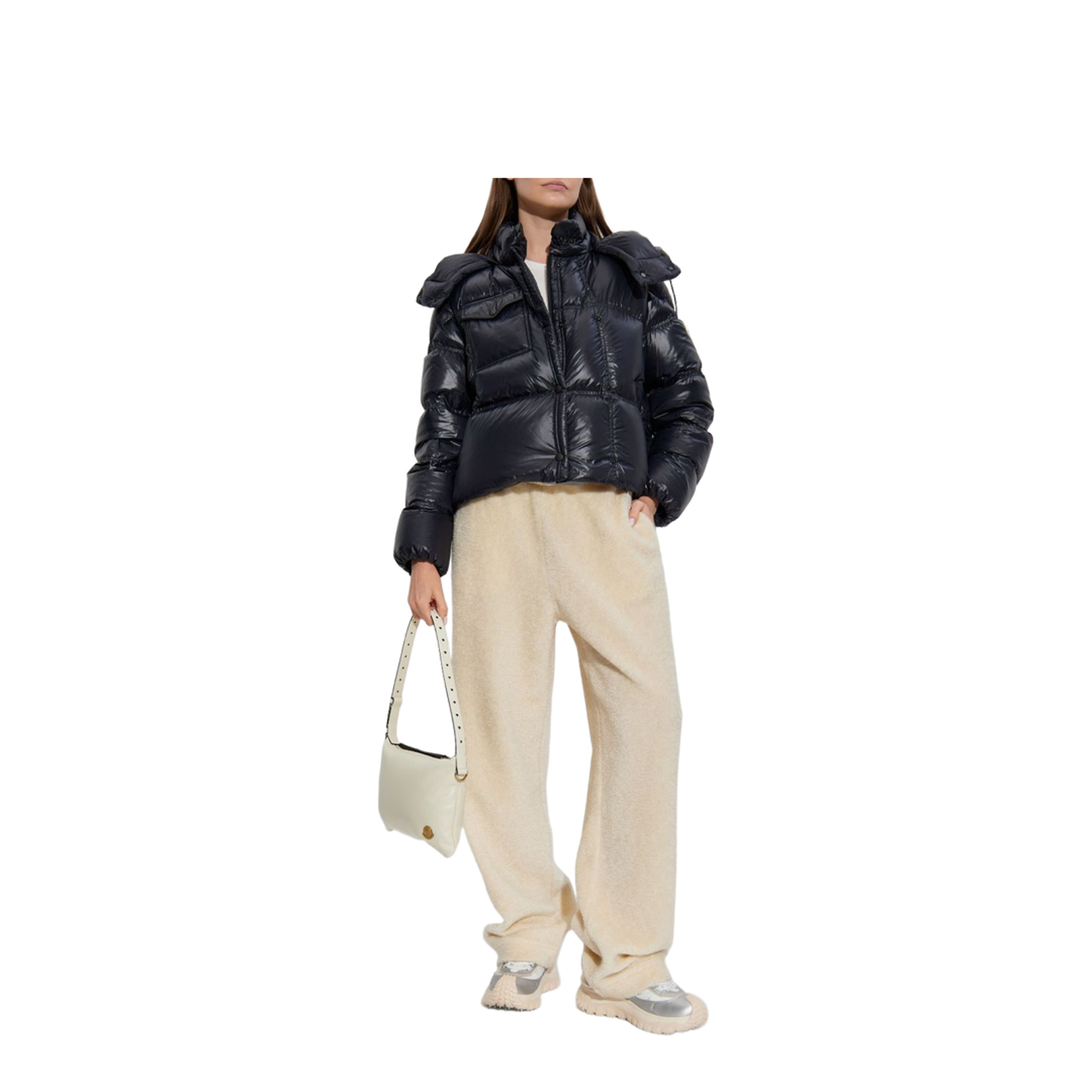 Black Erea Square-Quilted Hooded Short Down Jacket