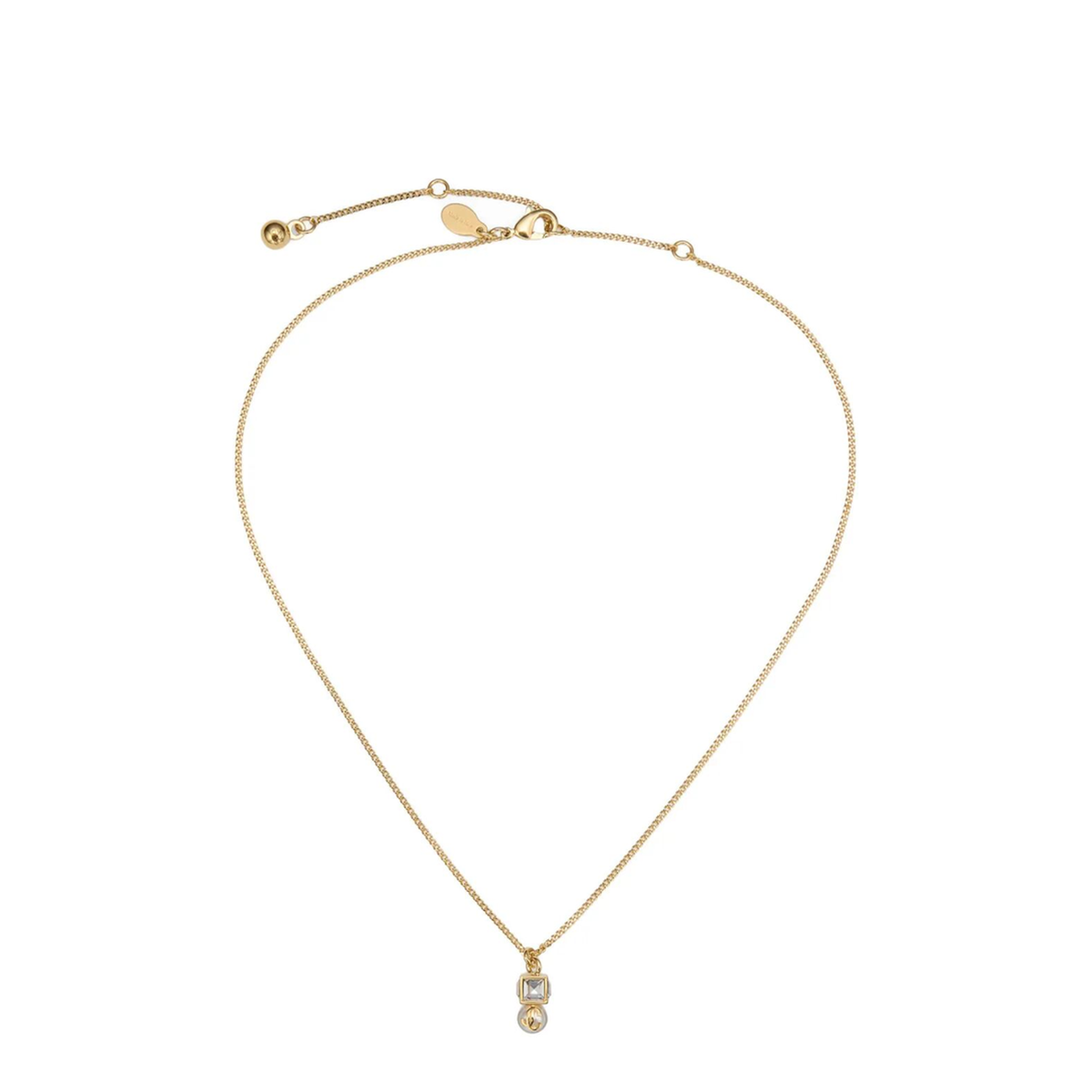 MAYFEYR - Jimmy Choo - Gold Metal Jc Pearl Cube Pendant Necklace - JCPEARLCPNDNTFTAGOLDWHITECRYSTAL