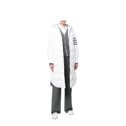 MAYFEYR - Thom Browne - Down Filled Below Knee Hooded Shirtdress With 4 Bar In Military Ripstop - FOD025X05222100