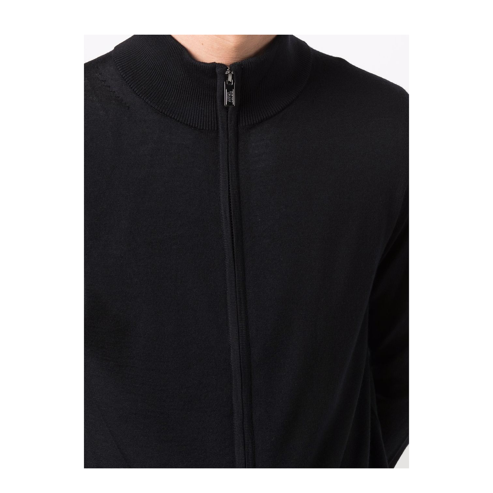 Navy-Blue Virgin Wool Fine Knit High Neck Front Zip Fastening Long Sleeves Cardigan