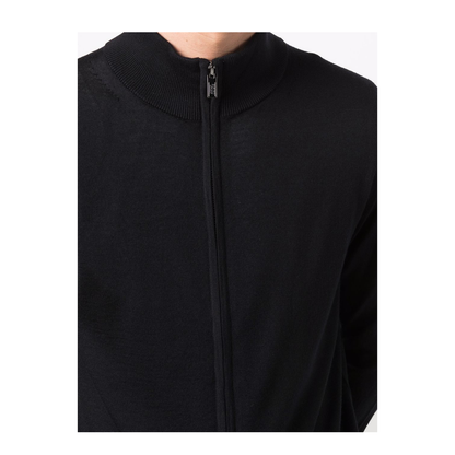 Navy-Blue Virgin Wool Fine Knit High Neck Front Zip Fastening Long Sleeves Cardigan