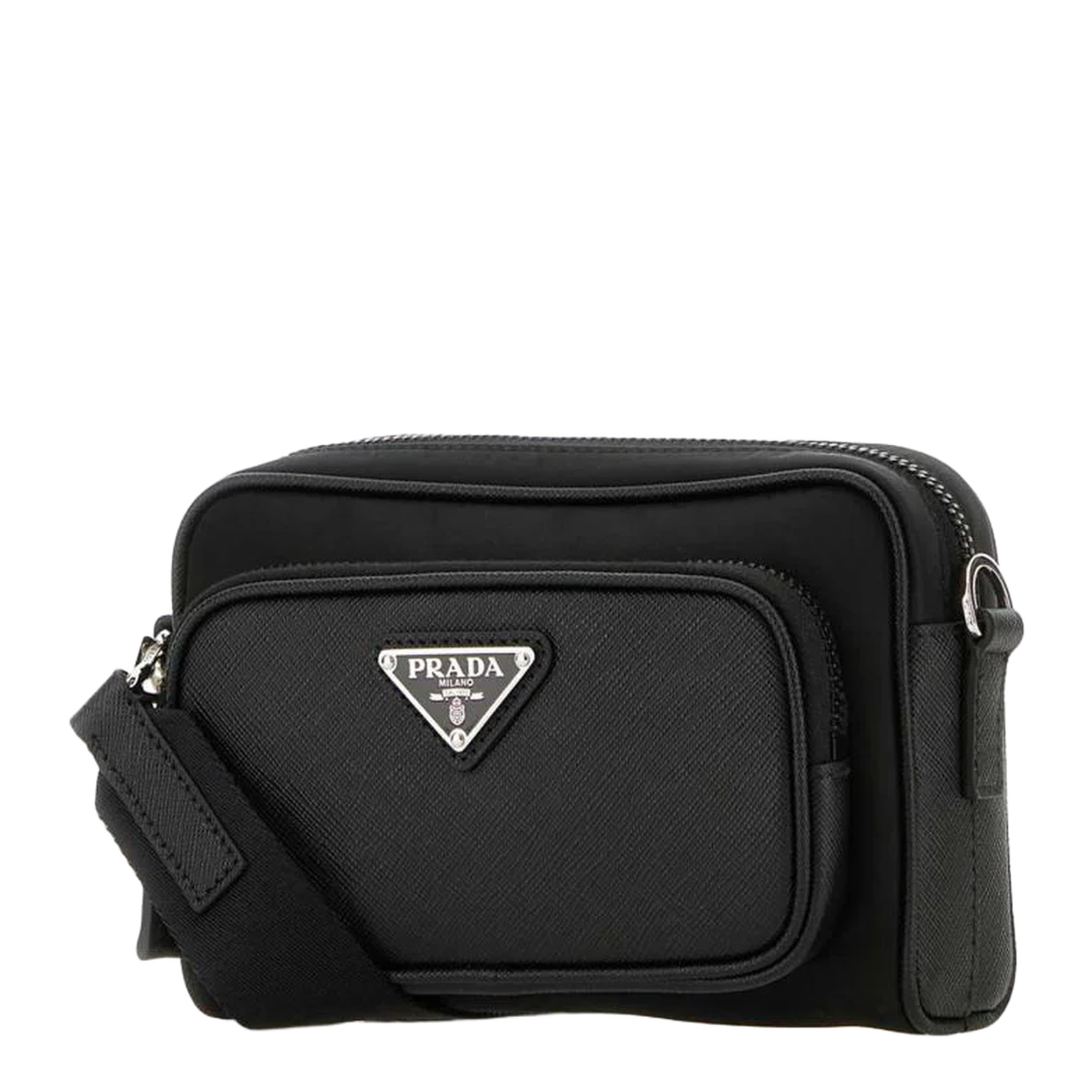 Black Re-Nylon and Leather Crossbody Bag