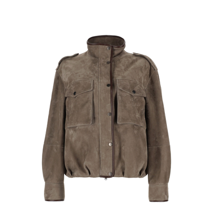 Faded Green Jacket With High Neck And Front Patch Pockets In Suede